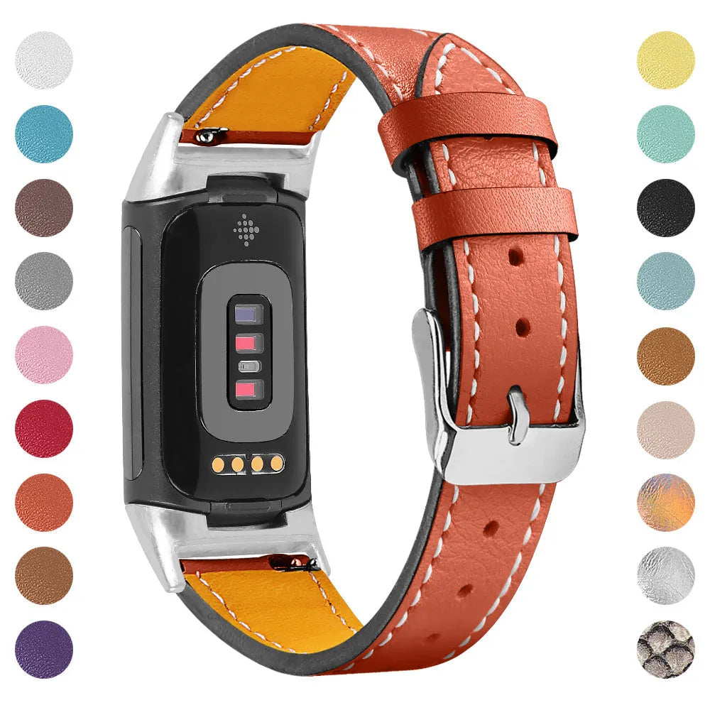 Genuine cowhide leather strap for Fitbit Charge 5 and Charge 6 smartwatches in multiple colours.