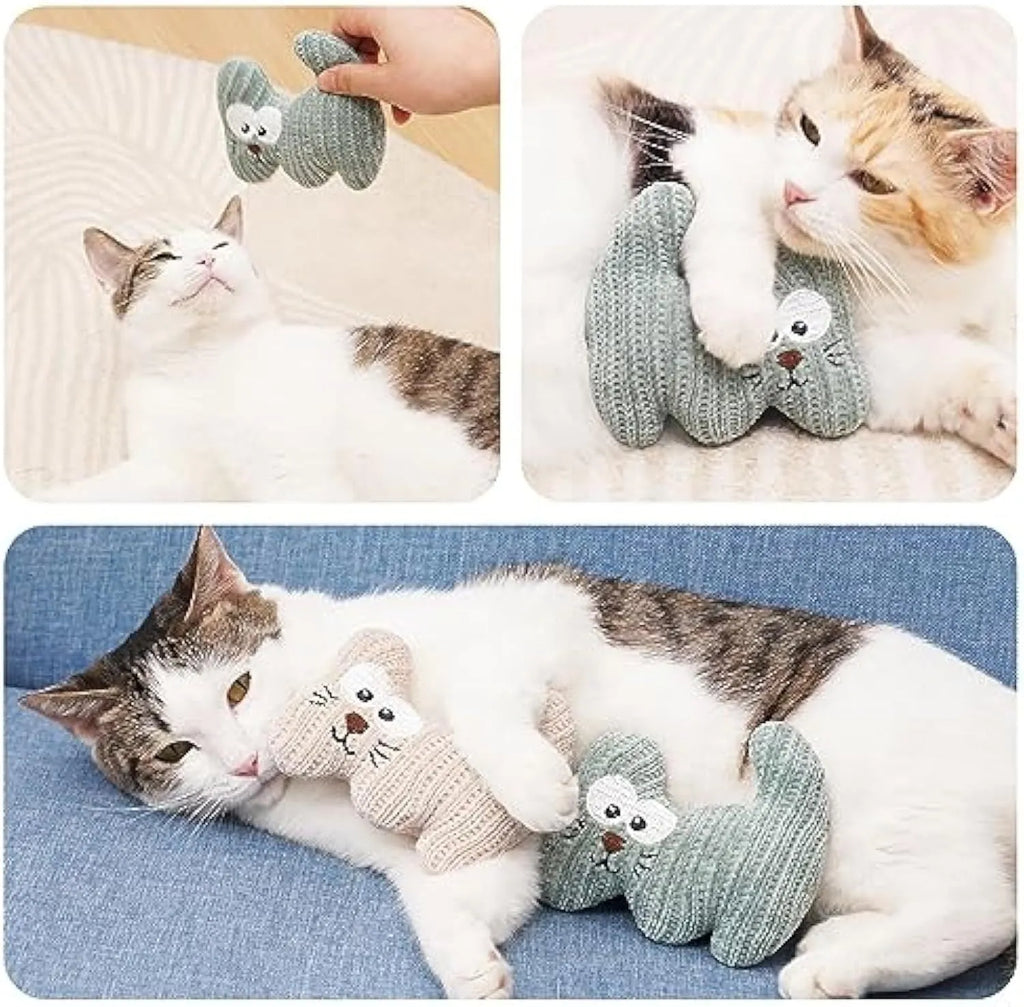 Cyan and light coffee plush cat toys with a rope design on a white background.