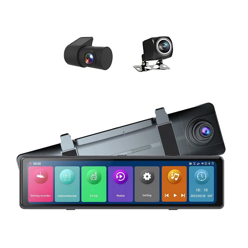 12-inch 2.5K rearview mirror tachograph with 170° wide angle lens, Bluetooth, and touch screen in black plastic housing