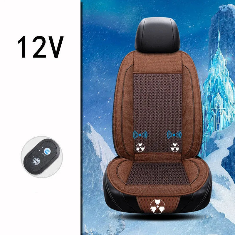 Black car ventilation seat cushion showing minimalist design and power cord