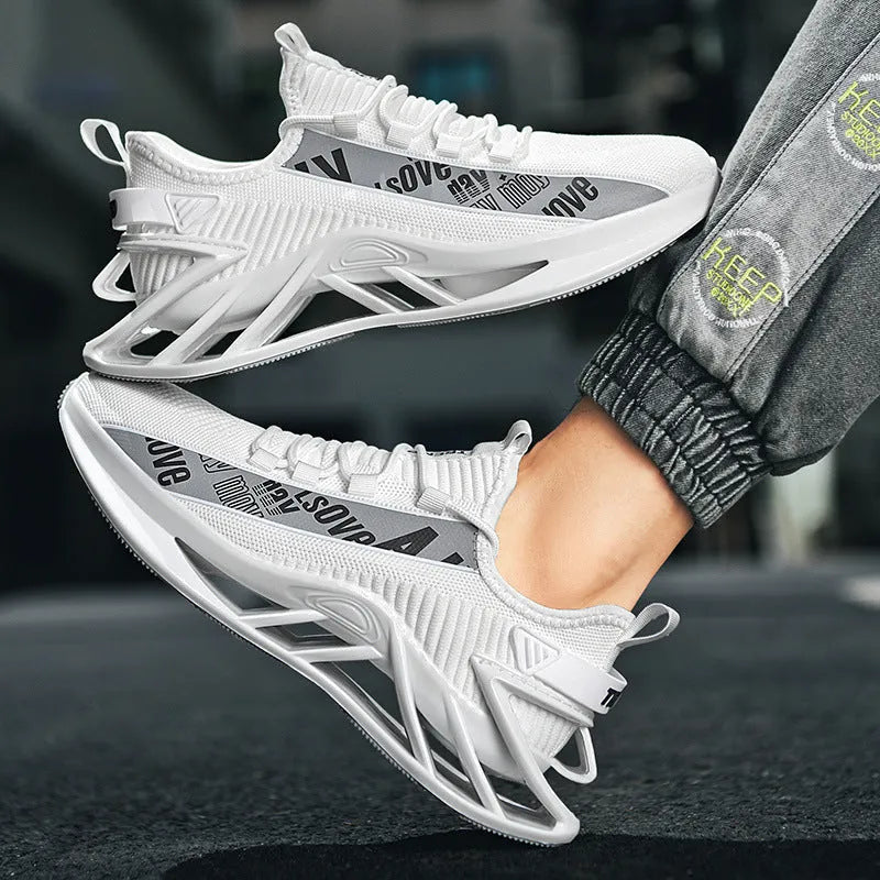 Men's casual exercise shoes with fly woven mesh upper in black, red, white, or blue colours