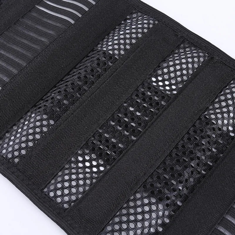 Black breathable sports waist support with internal steel plate for lumbar protection during fitness activities