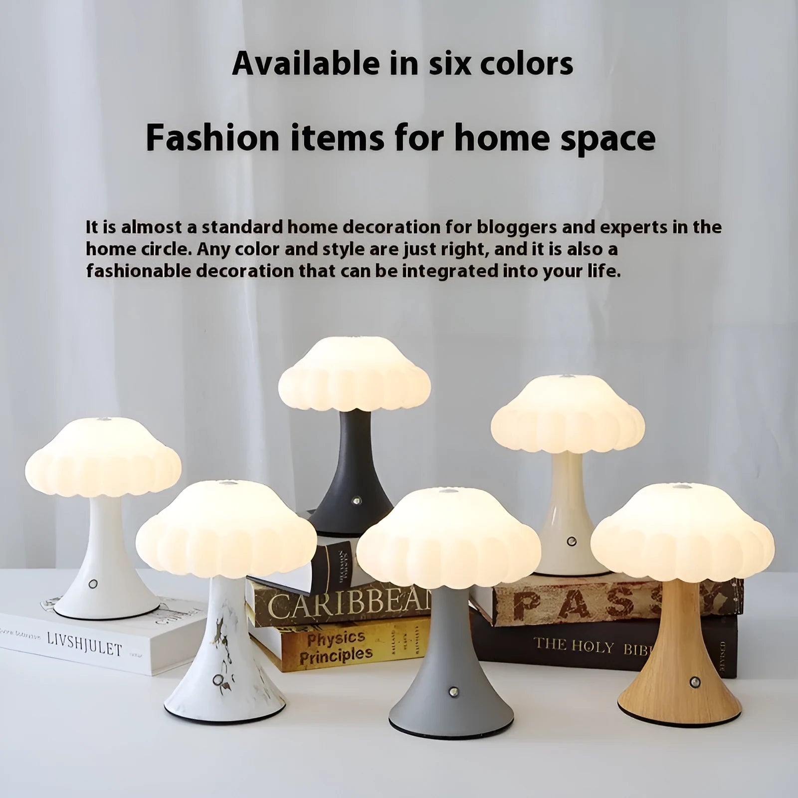 Touch control mushroom night light in wood grain colour on its wireless charging pad.