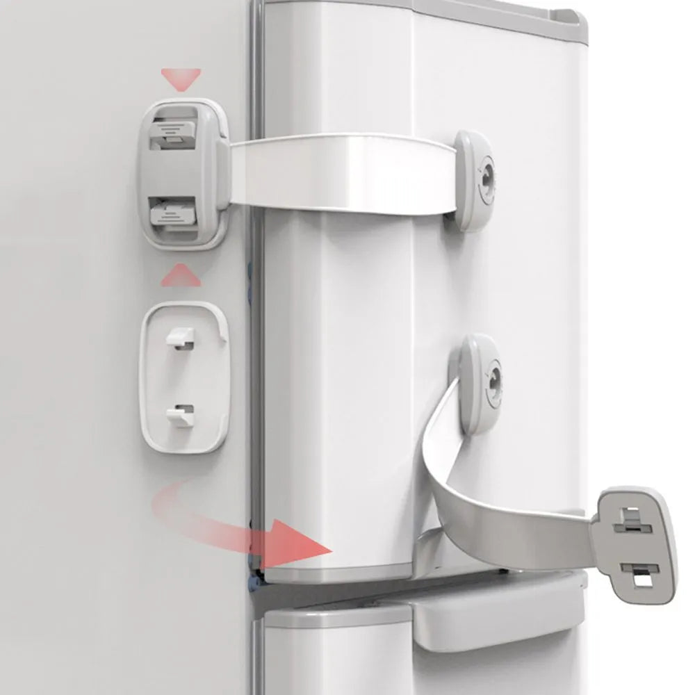 Adjustable child safety strap lock for cabinets and drawers in grey or green