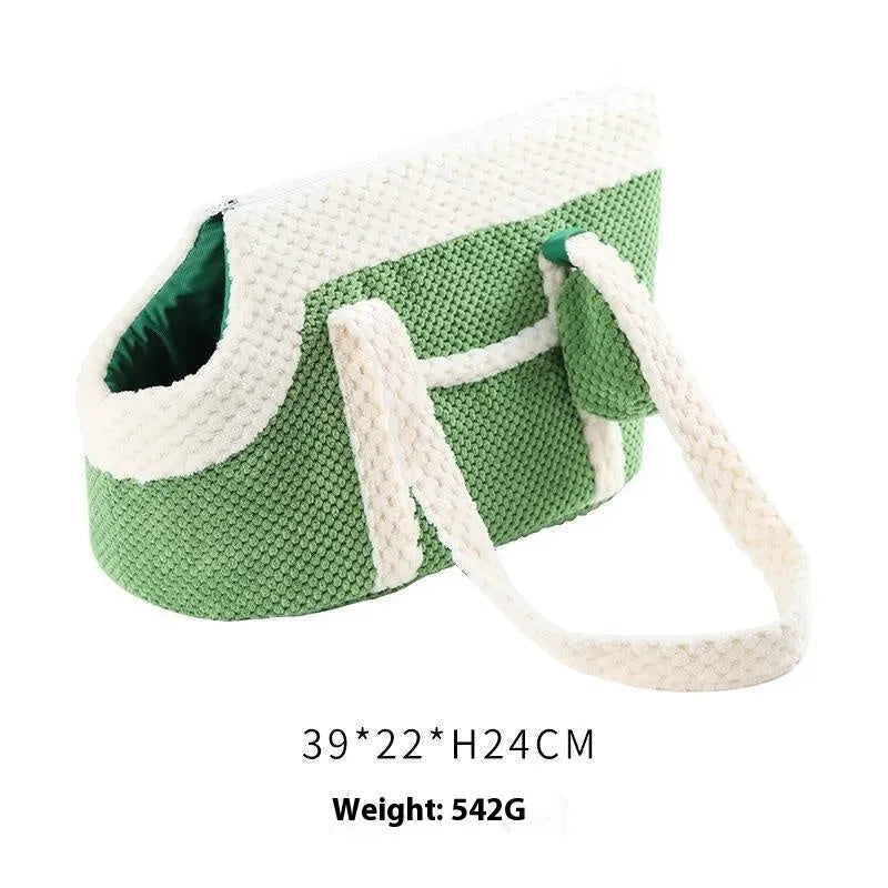 Shoulder cat bag in short plush fabric with cartoon pattern and vertical stripe design
