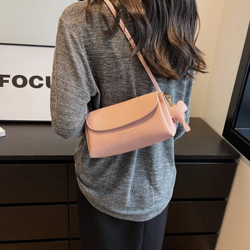 Soft PU small pillow shoulder bag 21cm with phone pocket, black colour, urban simple style