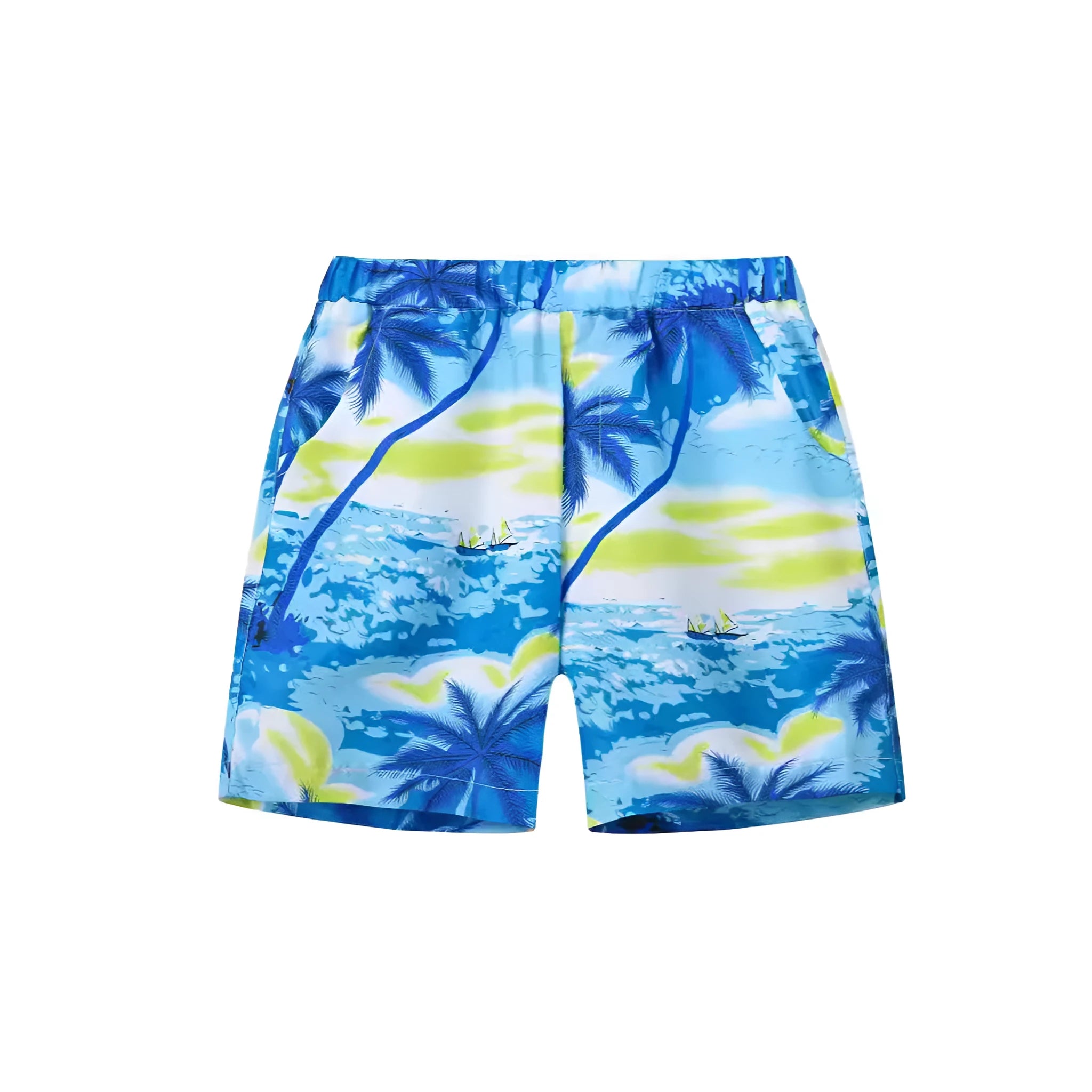 Colourful printed beach shorts on a hanger showing coconut tree and dinosaur designs.