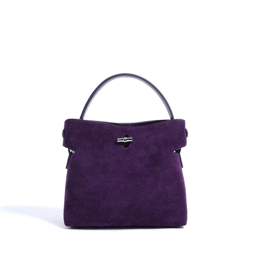 Women's mini Korean-style simple messenger bag in two-layer matte cowhide, bucket shape with lock opening, internal compartments