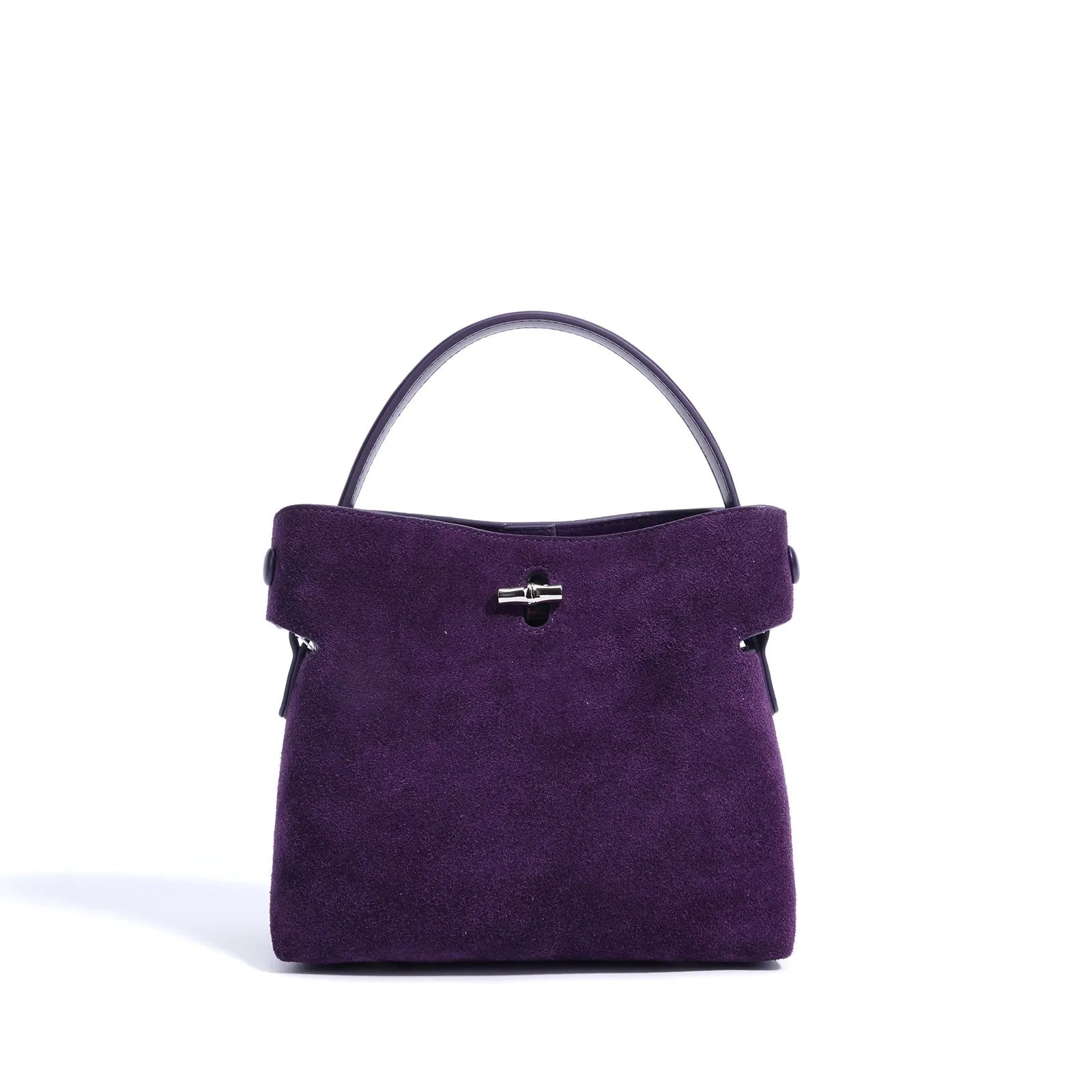 Women's mini Korean-style simple messenger bag in two-layer matte cowhide, bucket shape with lock opening, internal compartments