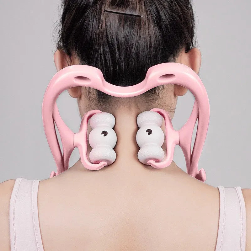 Blue manual neck massager with pressure nodes showing 360-degree rotation mechanism