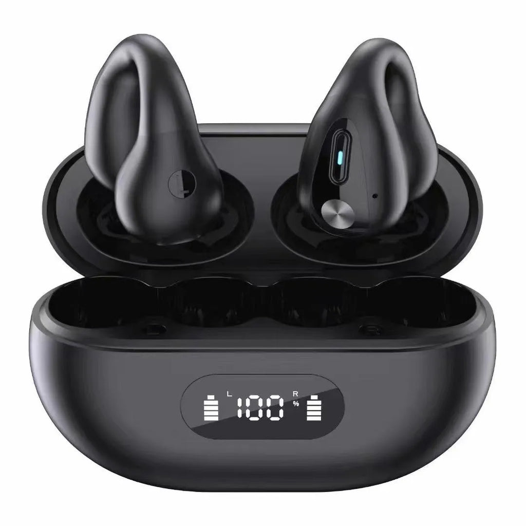 Non-in-ear clip wireless Bluetooth headset with air conduction in black plastic, ear hook style