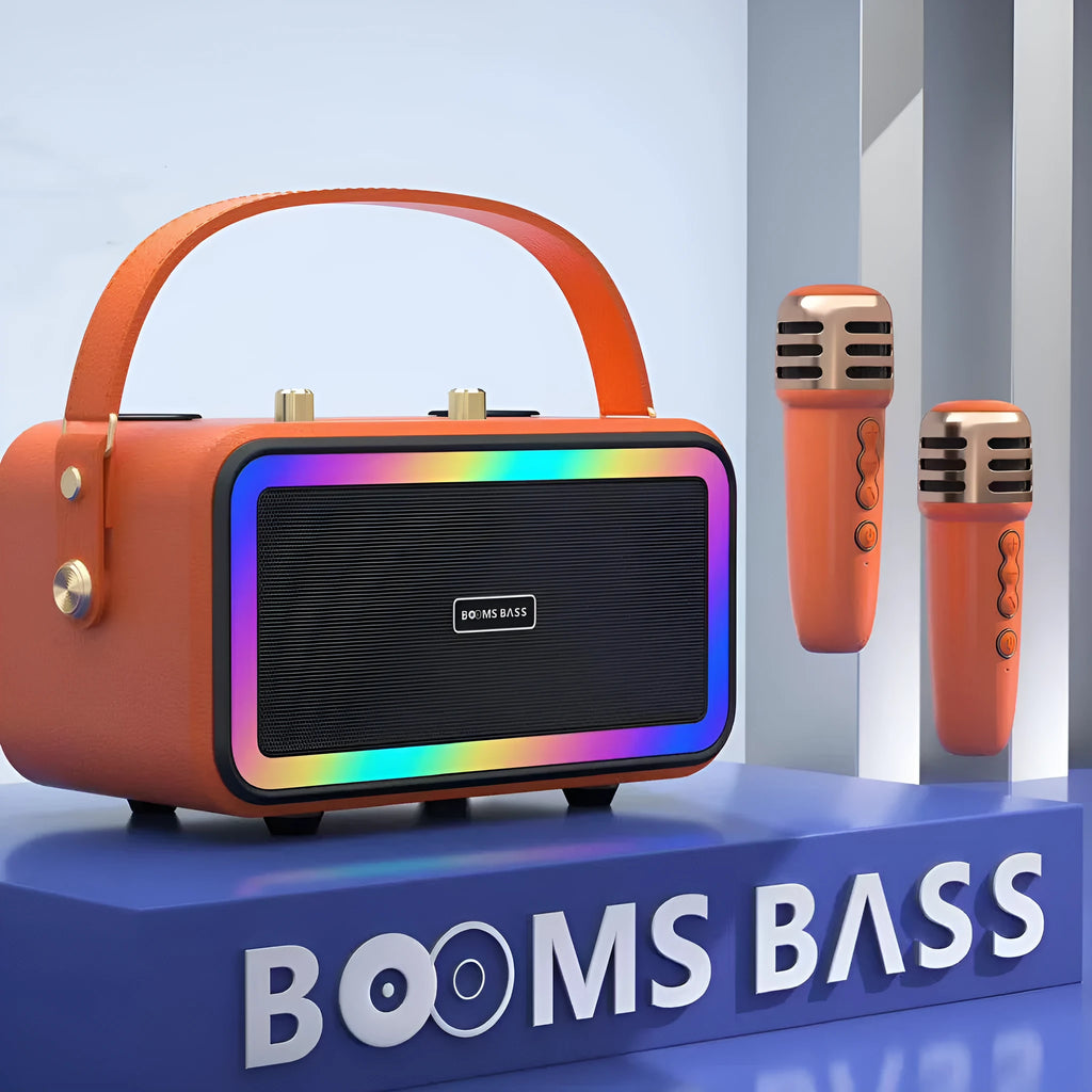 M3201 portable Bluetooth speaker with wireless microphones in black, dark brown, or orange red
