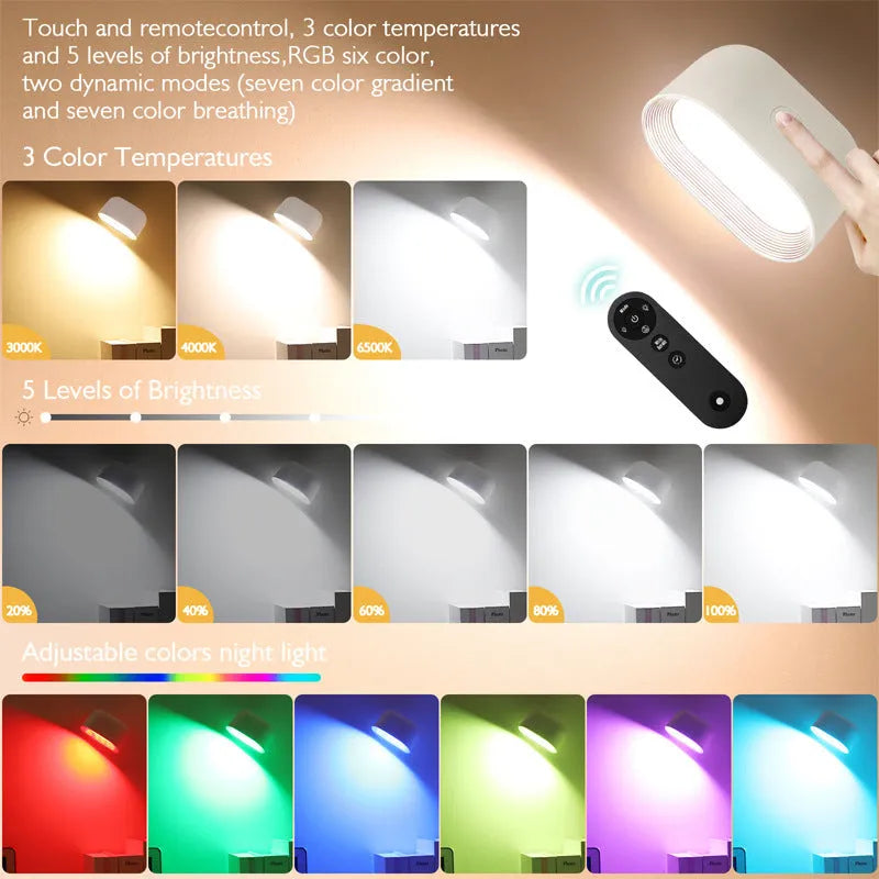 Modern remote-controlled magnetic wall lamp in white, showing adhesive mount and rotating head.
