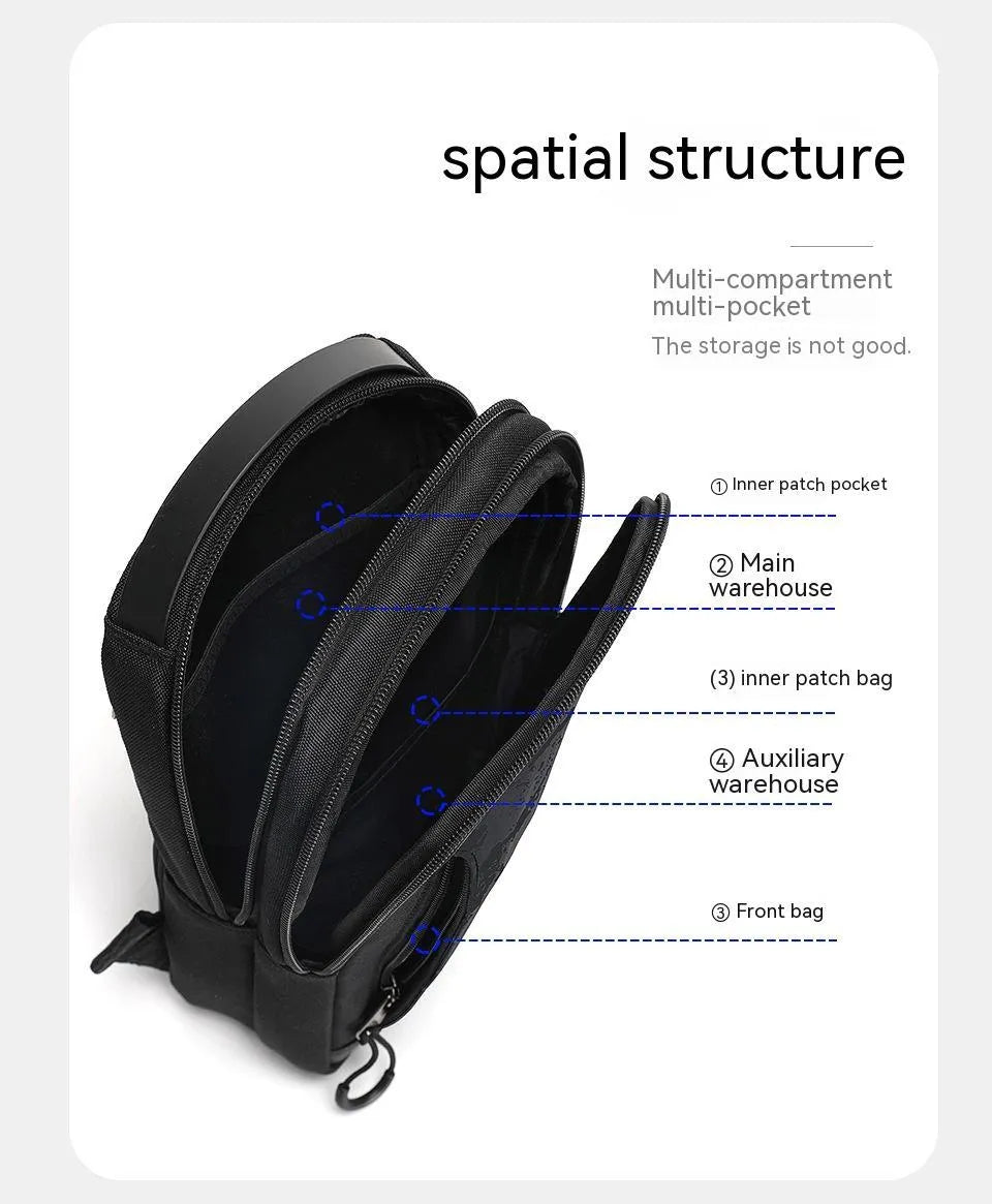 Casual black camouflage pattern chest bag with a single shoulder strap and soft handle.