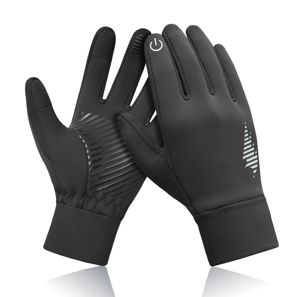 Men's fleece-lined anti-slip thick warm cycling gloves in black, fluorescent yellow, and purple on a white background