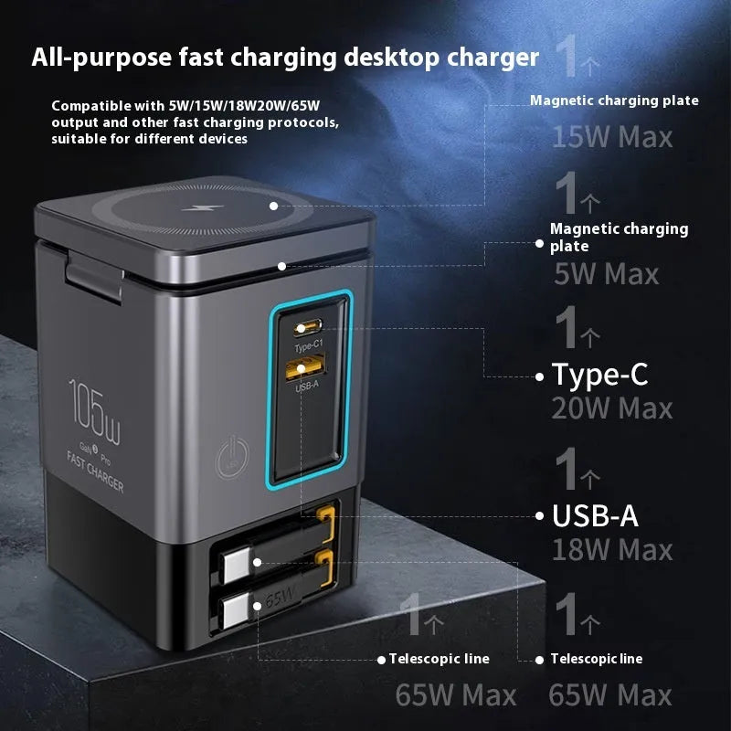 105W black Gallium Nitride magnetic wireless charger with interchangeable UK EU US AU plugs