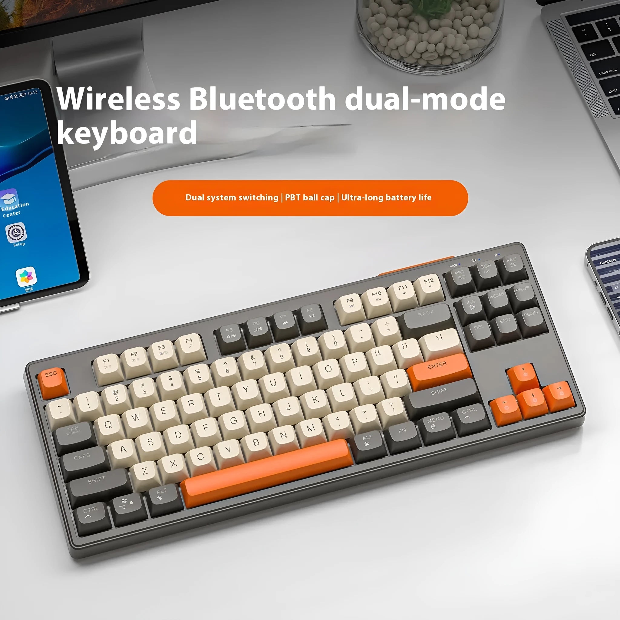 Free Wolf M87 wireless Bluetooth dual-mode keyboard in blueberry, cheese, coffee, and shimmer colour options