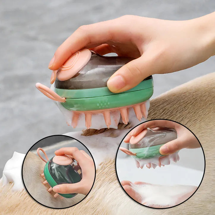 Blue and green pet bathing brush with integrated shampoo dispenser and silicone bristles.