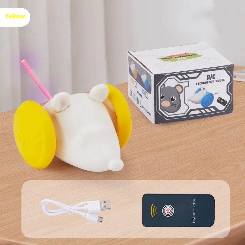 Electric cat toy mouse with remote control and USB charging cable in blue and yellow colour options
