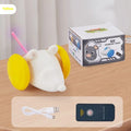 Electric cat toy mouse with remote control and USB charging cable in blue and yellow colour options