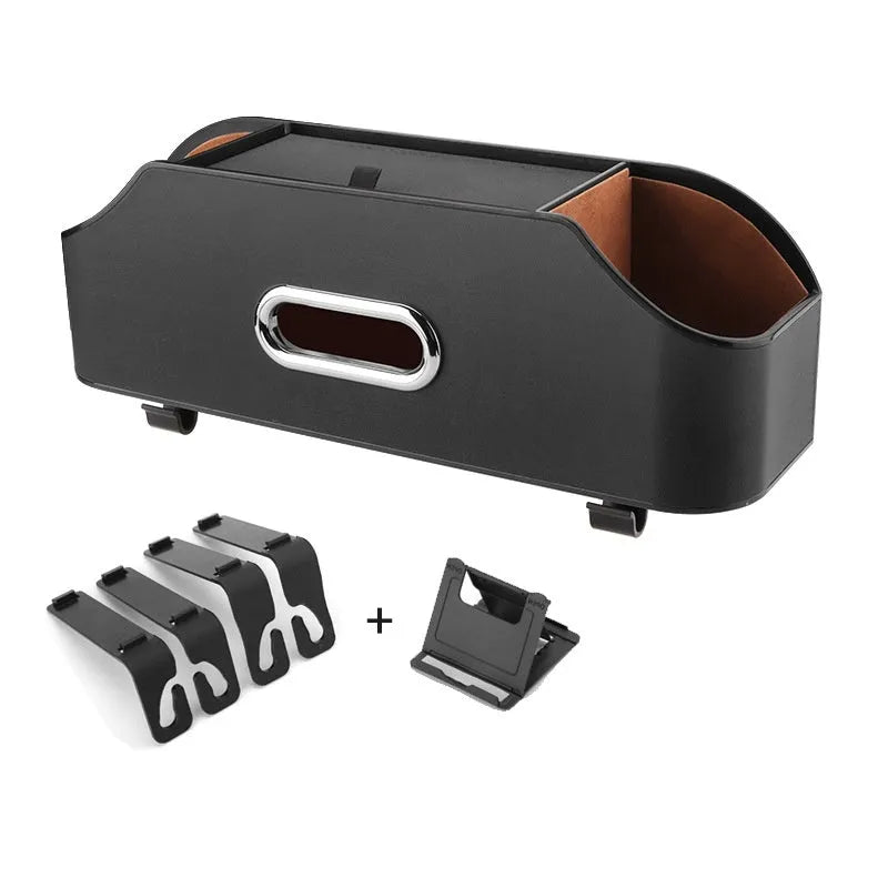 Genuine leather car tissue box holder with cup holder, shown in beige colour.