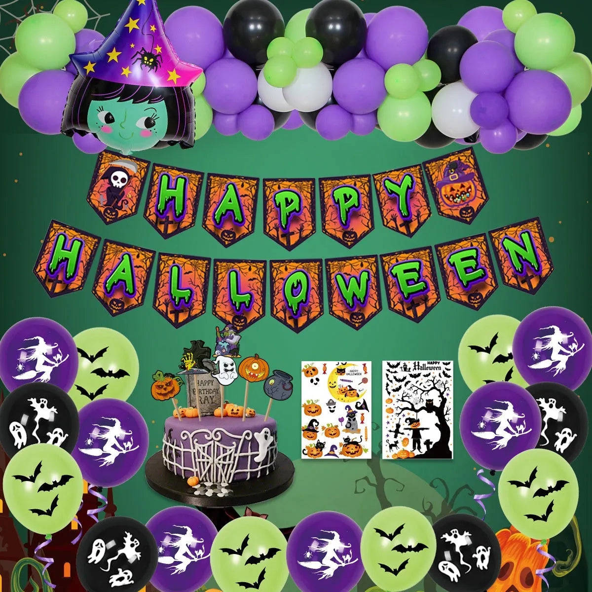 Halloween balloon decoration set with skull and pumpkin designs in white and black for creating spider balloon arches