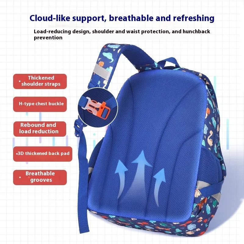 Colourful children's waterproof Oxford cloth school backpack with dinosaur print and curved shoulder straps.