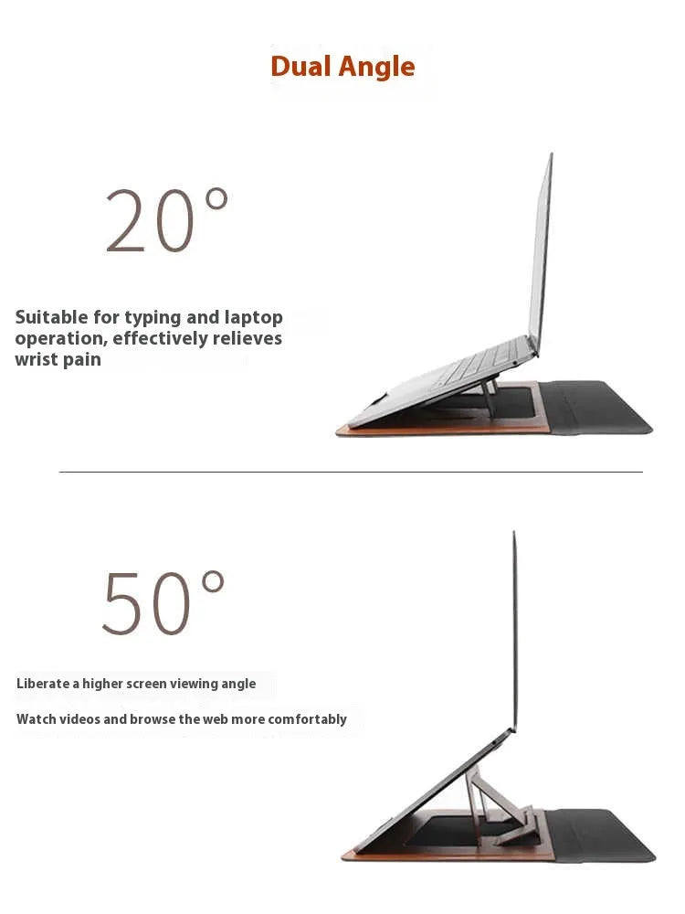Integrated dual-angle laptop bracket bag and stand for 13.3-inch notebooks in black or brown