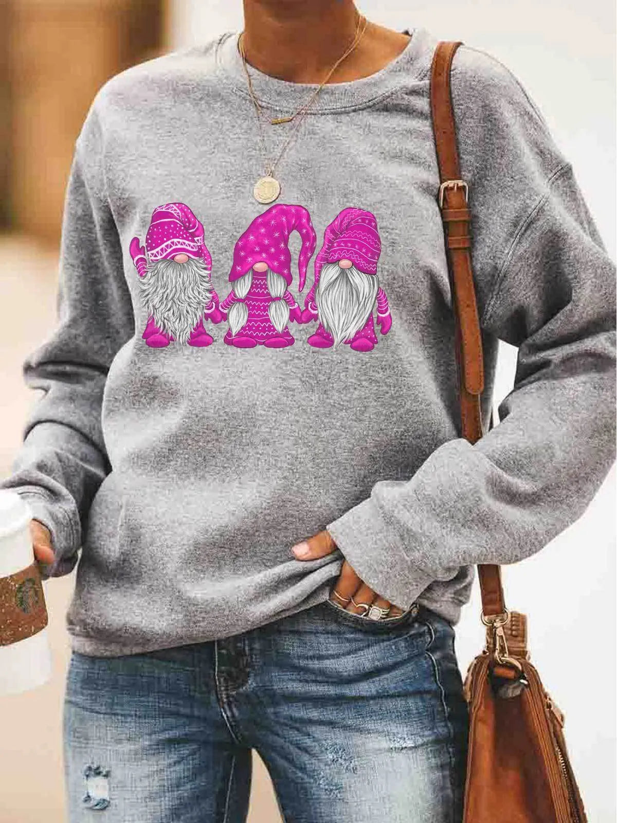 Christmas women's cotton sweater with red Santa Claus print, crew neck, long sleeves, size M