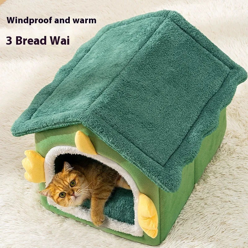 Large grey closed cat nest pet bed with a thick removable cushion inside, shown next to a tabby cat.