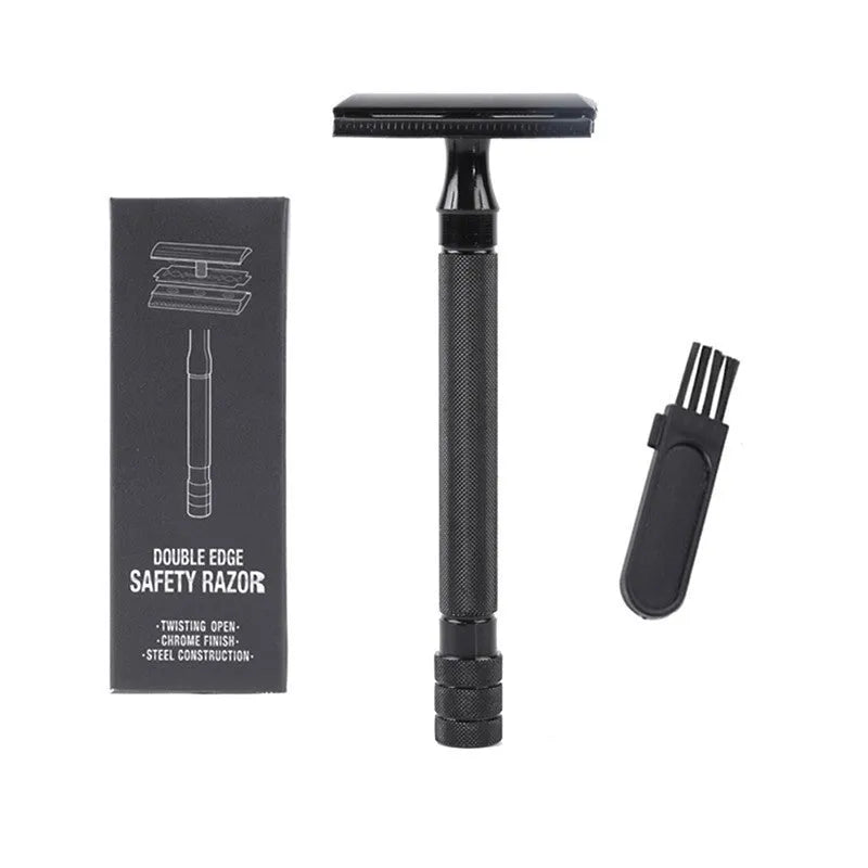 Traditional manual shaving razor and brush set in black or silver finish for beard grooming