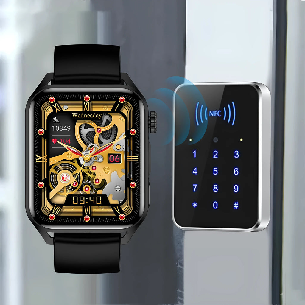 Smart watch with a 1.8-inch AMOLED screen on a silicone strap, showing a multi-dial display.