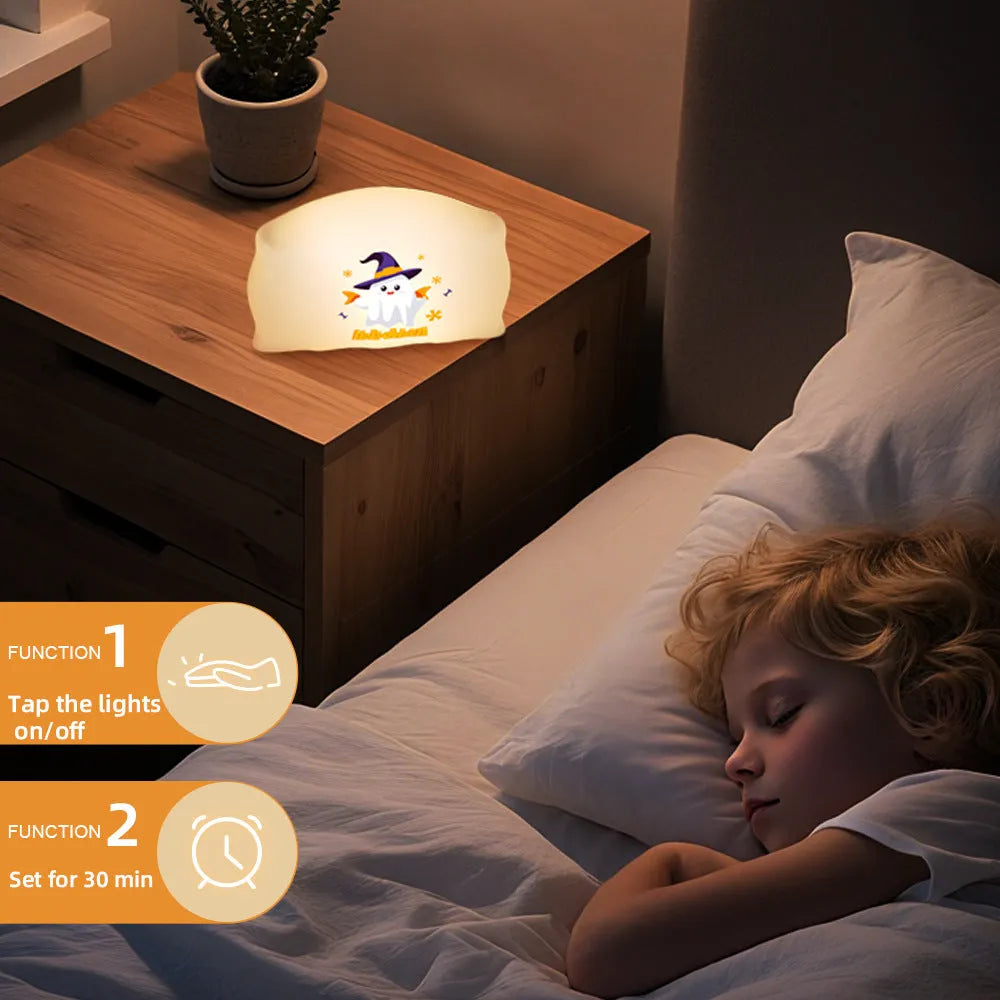 Cartoon Halloween doll table lamp in Magic Ghost or Pumpkin Ghost colour, showing compact size and warm LED light.