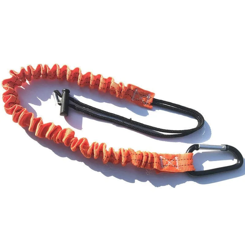 Orange fishing rod safety rope with metal snap hooks, 90cm length