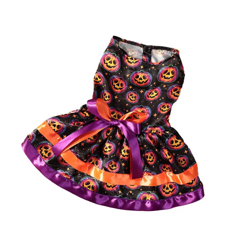 Halloween double-layer pet skirt for dogs in colourful pumpkin print on a model dog.