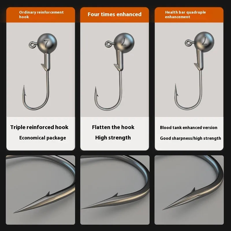 50-piece set of steel jig hooks in primary colours with a lead-headed hook for fishing.