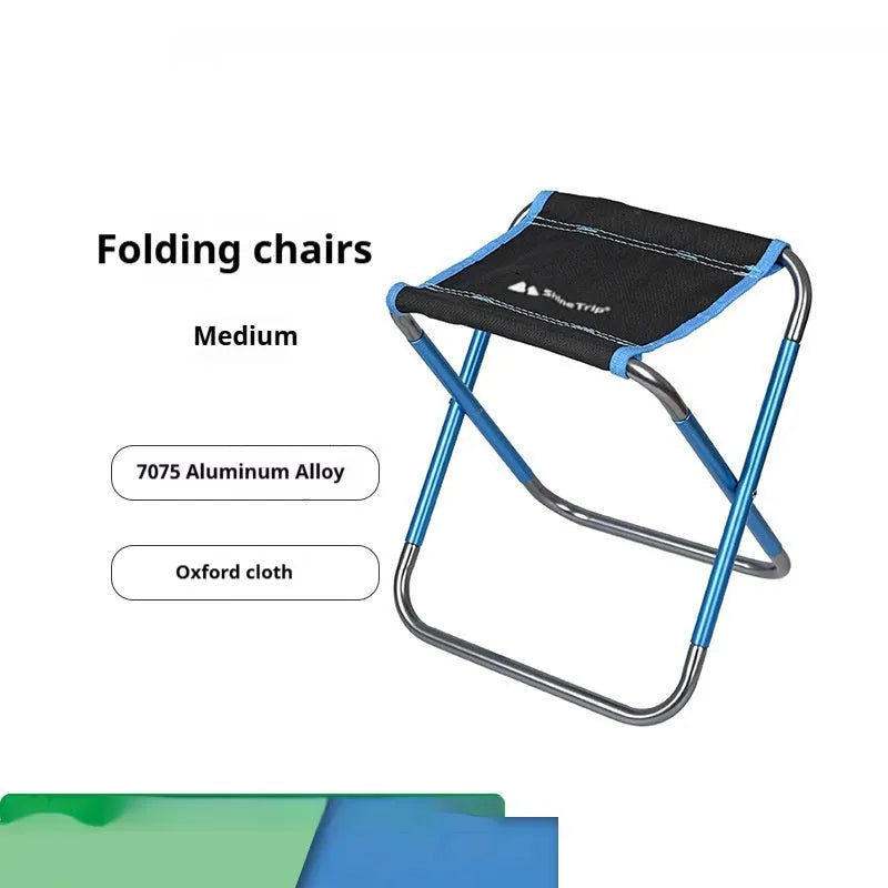 Black aluminium alloy portable folding camping stool shown in folded and unfolded positions.