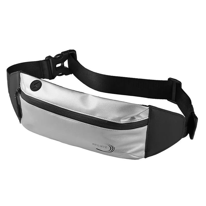 Men's blue waterproof Derm Oxford polyester waist bag for sports, showing its slim 45cm profile.