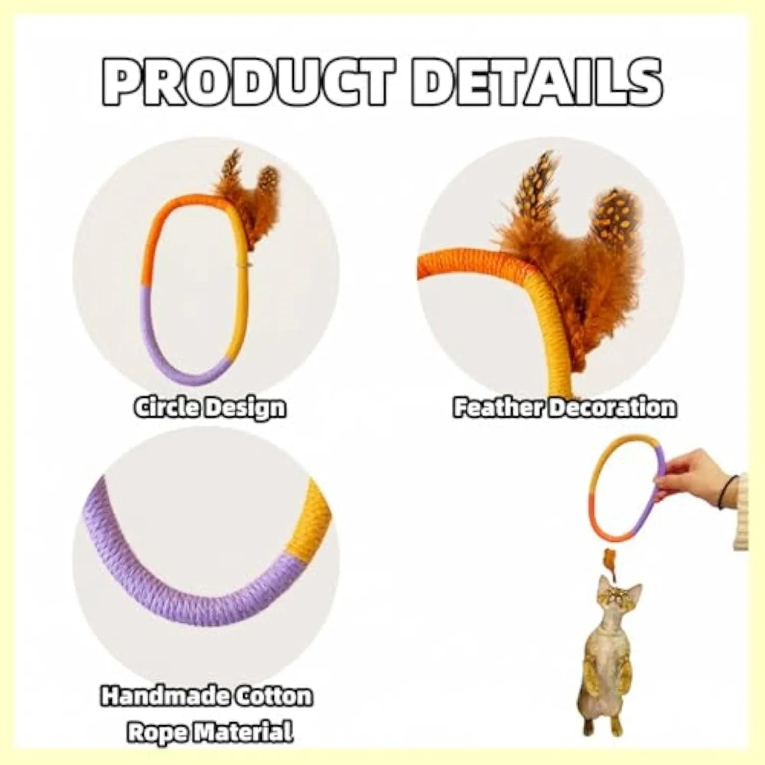 Green cotton rope circular cat toy with feathers attached for interactive play