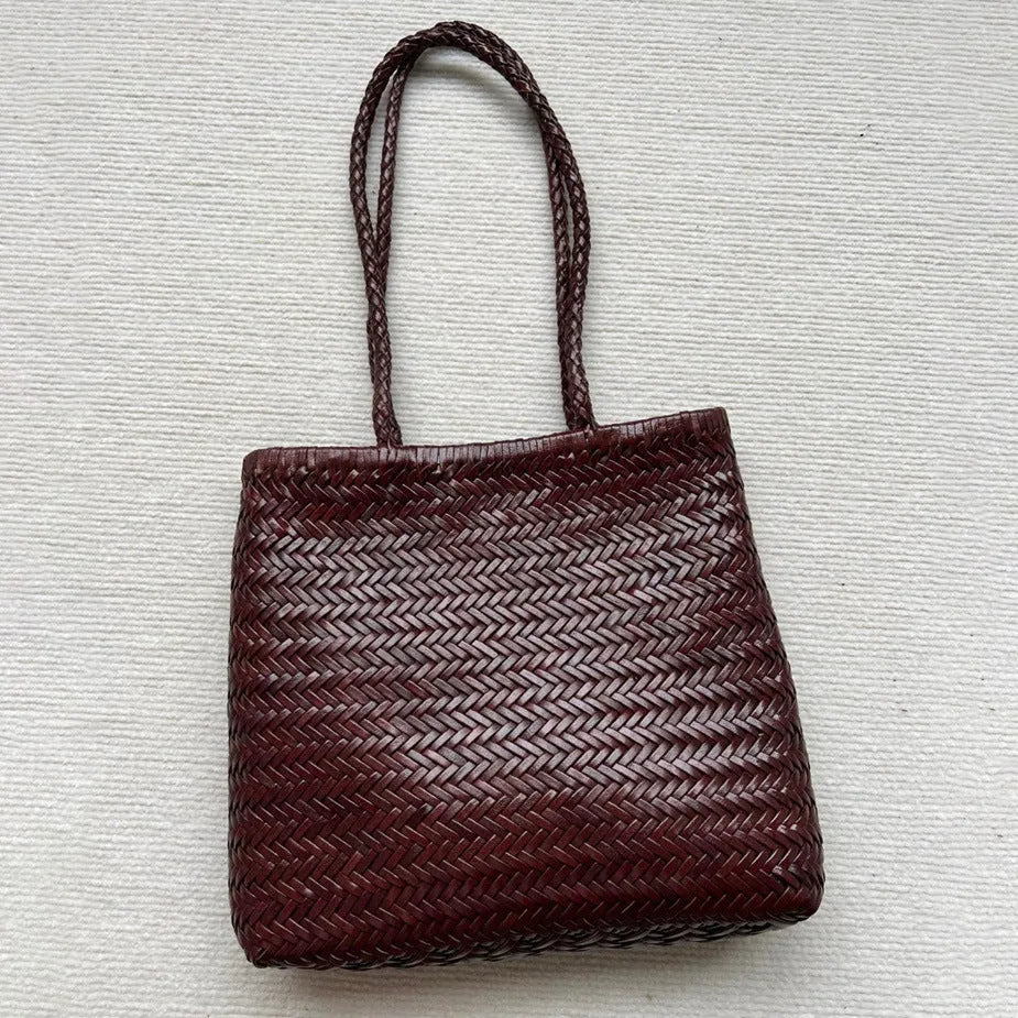 Brown handmade woven genuine leather shoulder tote bag with a front pocket