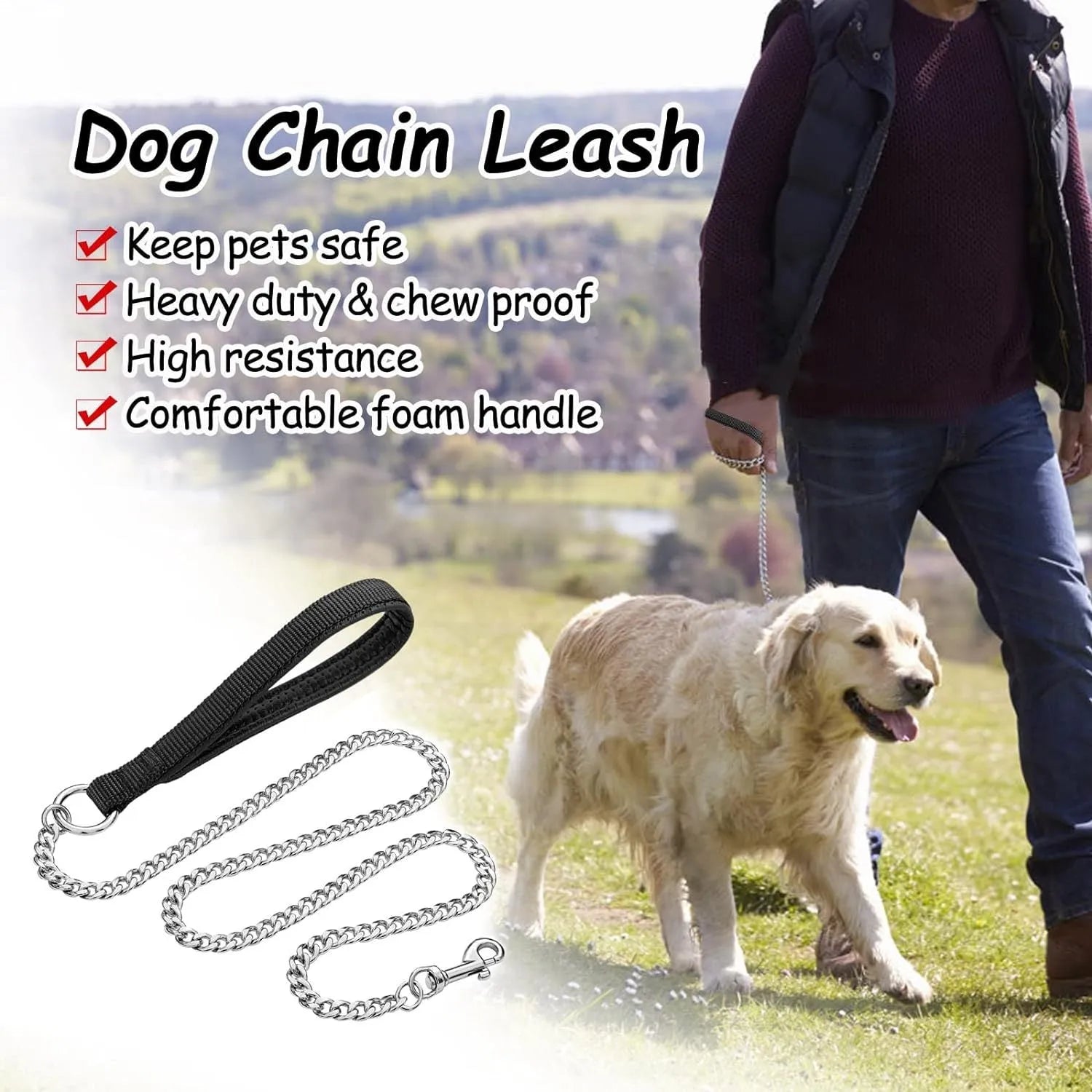 Heavy duty metal dog chain leash with soft padded handle in black, blue, or red colours