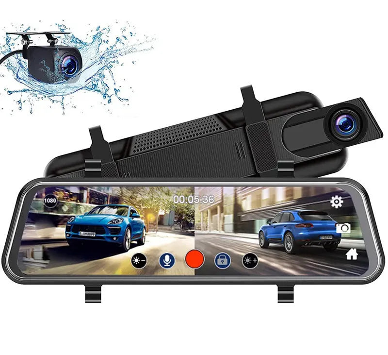 10-inch full screen car dash cam with front and rear cameras on a car windscreen
