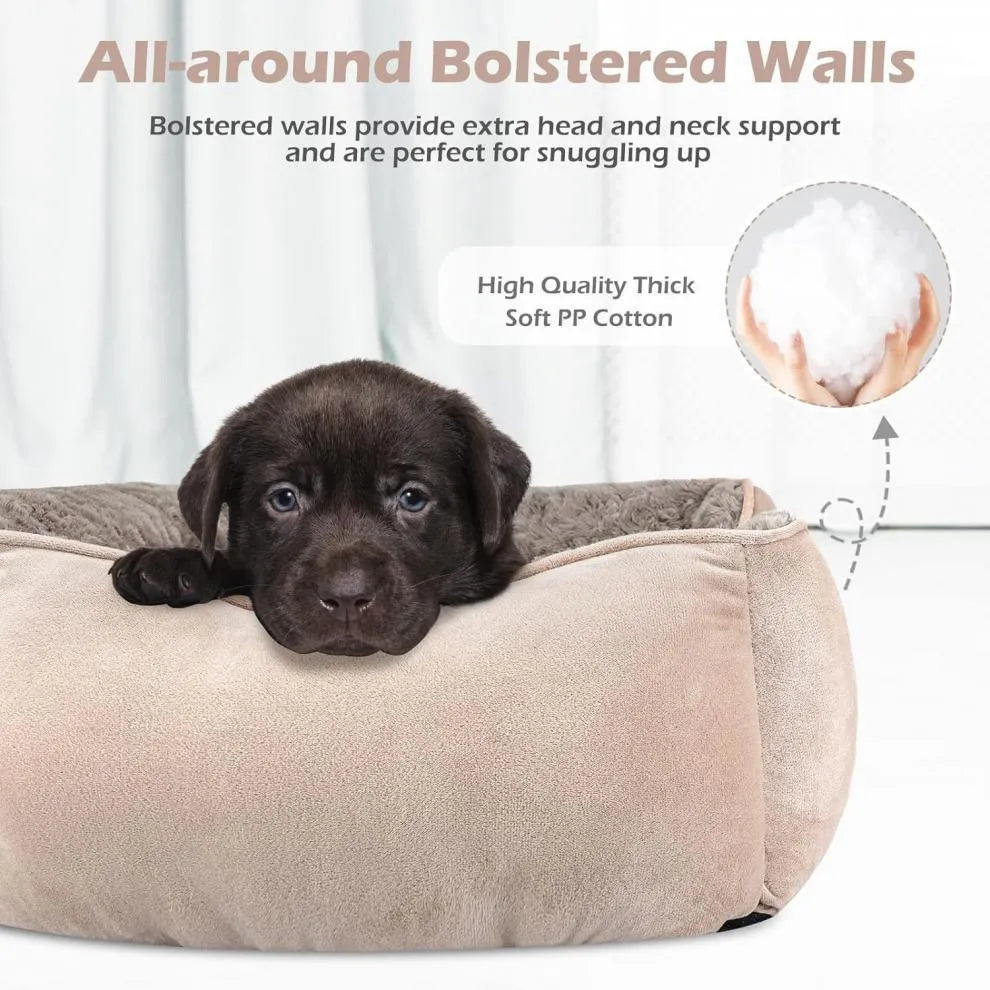 Beige plush kennel dog bed with stuffed Golden Retriever toy, suitable for small and large dogs.