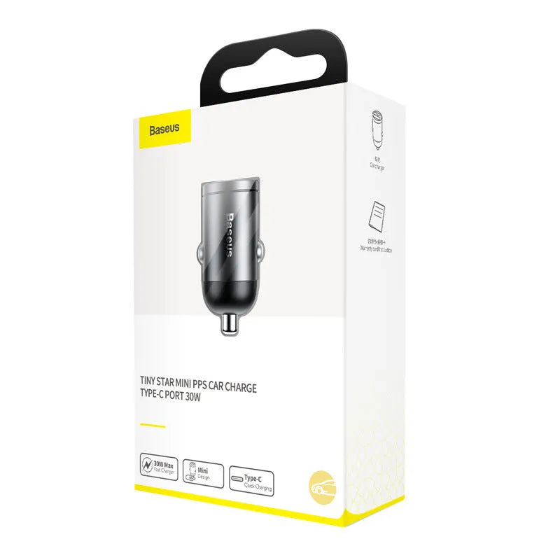 Baseus electro-optical grey 30W PPS fast car charger with single USB port and attached cable.