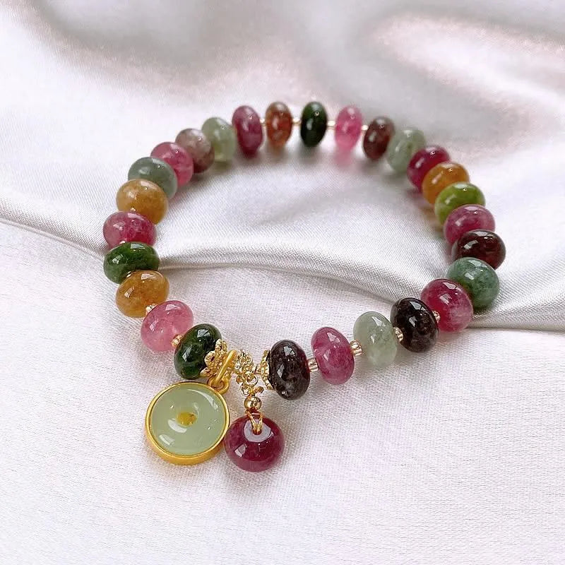 Handmade colourful tourmaline rabbit pendant abacus bracelet with natural stone beads