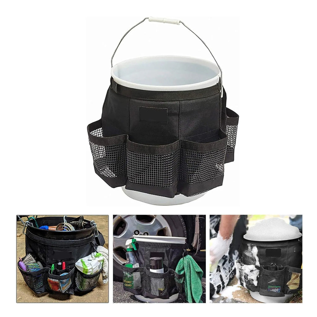 Black cylindrical polyester hanging storage bag designed for a 5-gallon barrel.