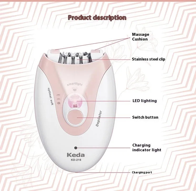 KEDA-216 coloured portable electric hair removal device with USB charger and cleaning brush