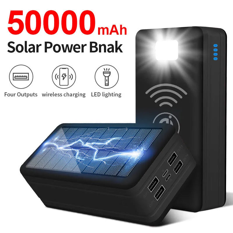 Large capacity solar wireless power bank in black with coloured accents showing solar panel and wireless charging surface