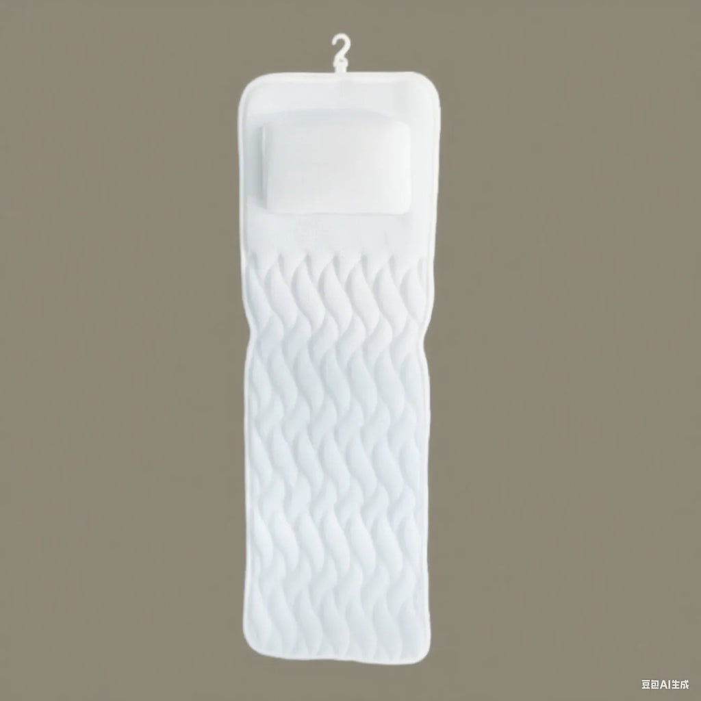 White bathtub pillow with suction cups showing 4D mesh construction and 3D permeable material