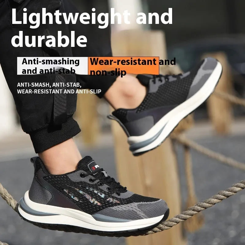 Men's black grey electrician safety shoes with plastic toe protection and shoelace binding